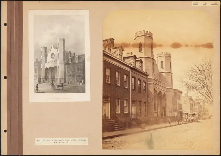 An album page with an engraving and a photograph of the first St. Clement’s Church, a Gothic building with crenellated towers on West Third Street