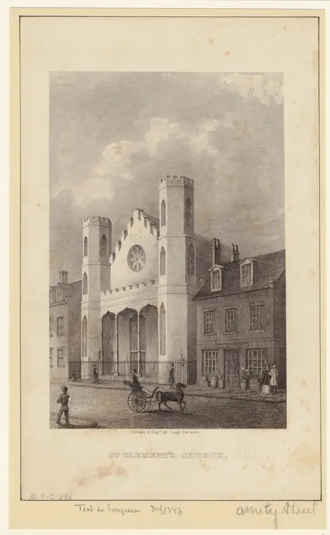 Engraving of St. Clement’s Church on Amity Street with its two towers